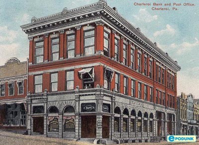 carte postale ancienne représentant la banque et le bureau de poste de charleroi en Pennsylvanie